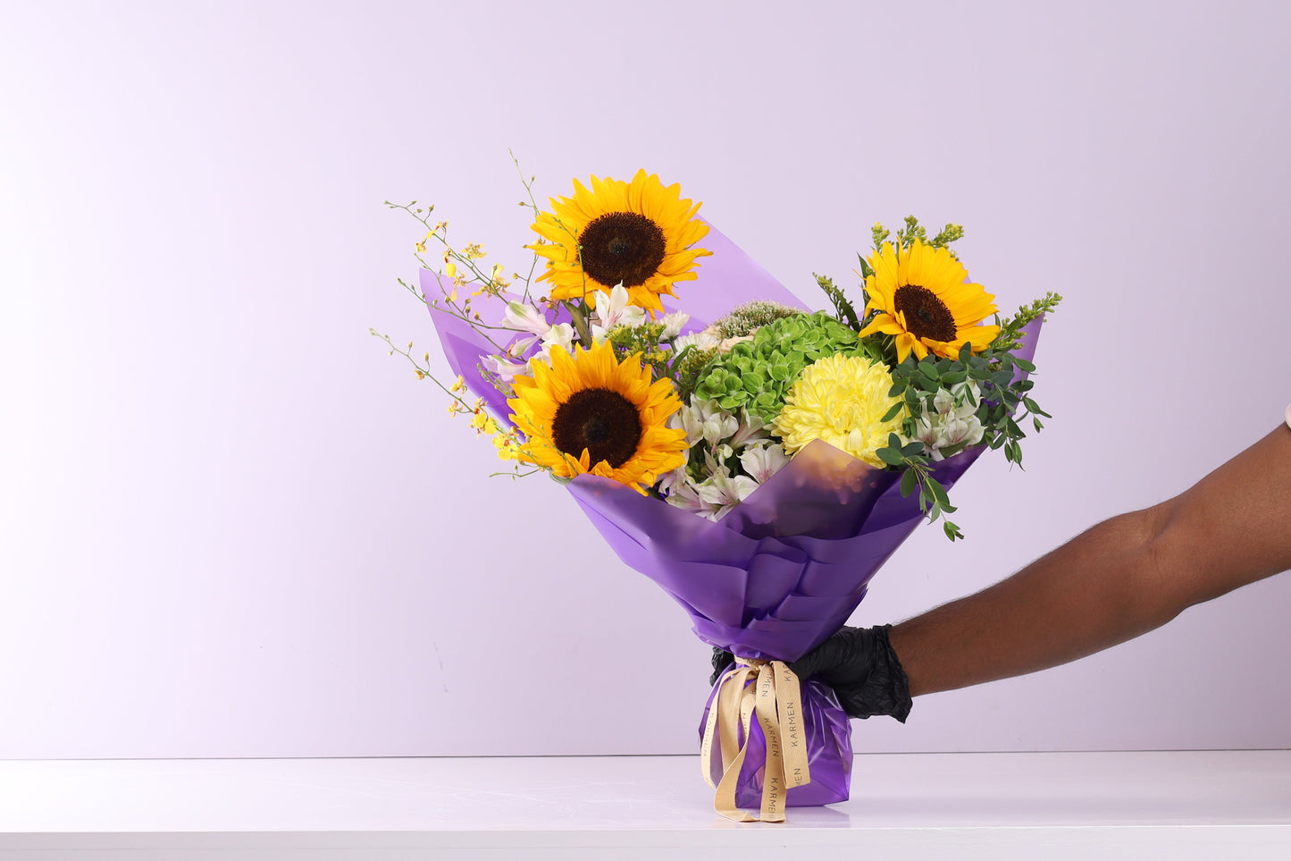 Soleil Jaune Bouquet - sunflowers and green hydrangeas in purple wrapping